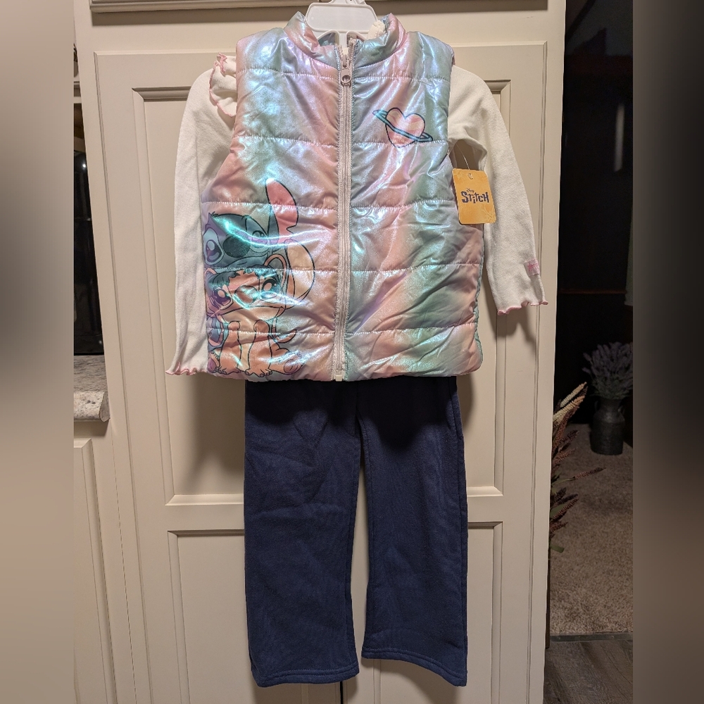 Disney Lilo And Stitch Iridescent Puffer Vest 3 Piece Set NWT